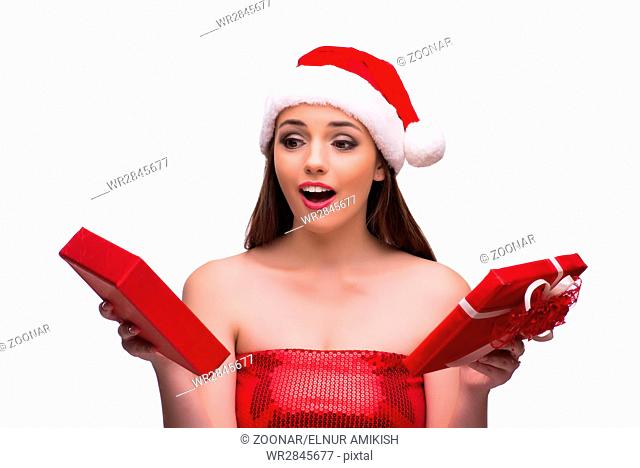 Santa girl with giftbox isolated on white