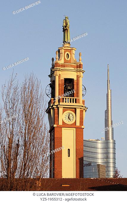 Sant'Antonio da Padova church and Gae Aulenti tower deigned by Ceasare Pelli, Milan old and new, Italy