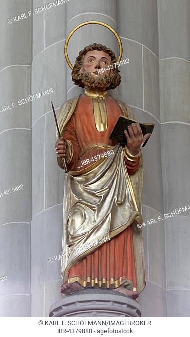 Apostle Bartholomew, larger than life wooden statue of 1552, Mminster St. Nikolaus, Überlingen, Lake Constance, Baden-Württemberg, Germany