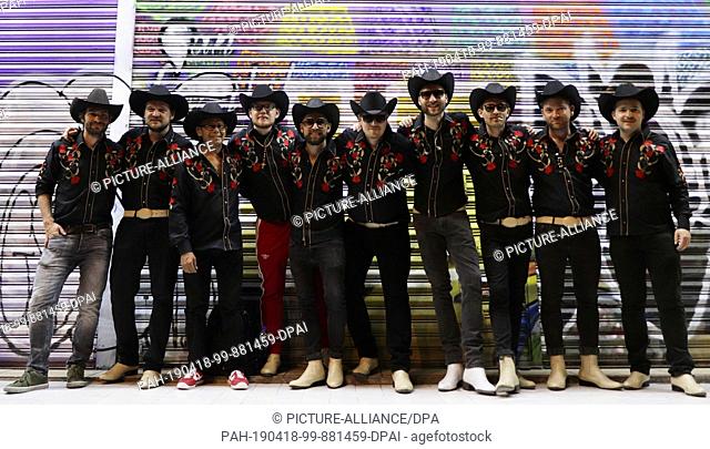 17 April 2019, Mexico, Mexiko-Stadt: The Franconian band ""Los Pistoleros Güeros"" arriving at the Pulquería Las Vacas Verdes