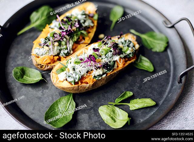 Stuffed sweet potatoes with cream cheese, spinach and microgreens