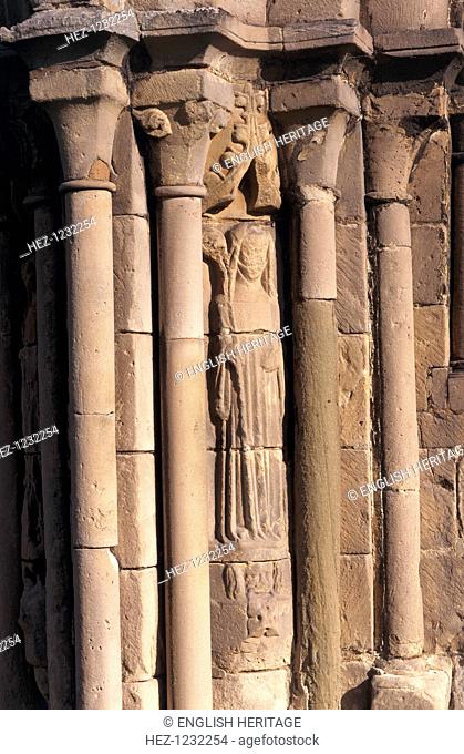 Detail of the statue of St Winifred on the chapter house entrance, Haughmond Abbey, Shropshire, 1999