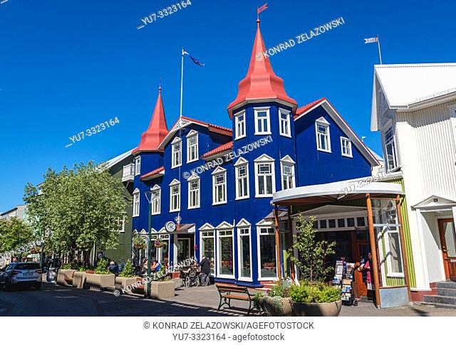Blue building on Hafnarstraeti street in Akureyri city, Capital of North Iceland