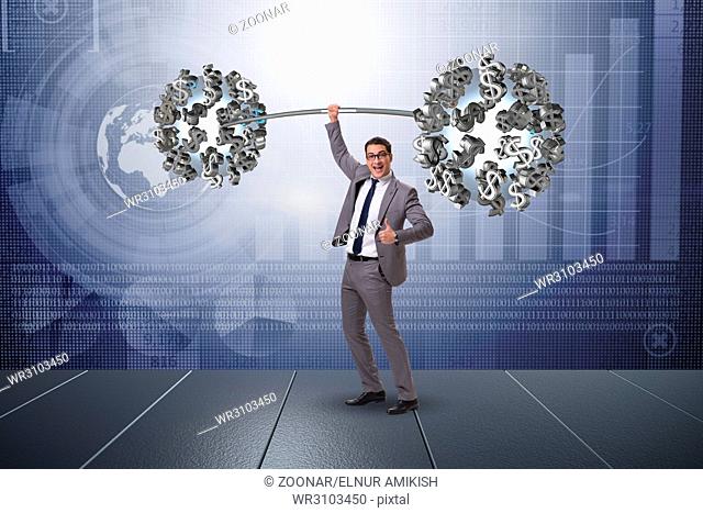 Businessman lifting barbell with dollars