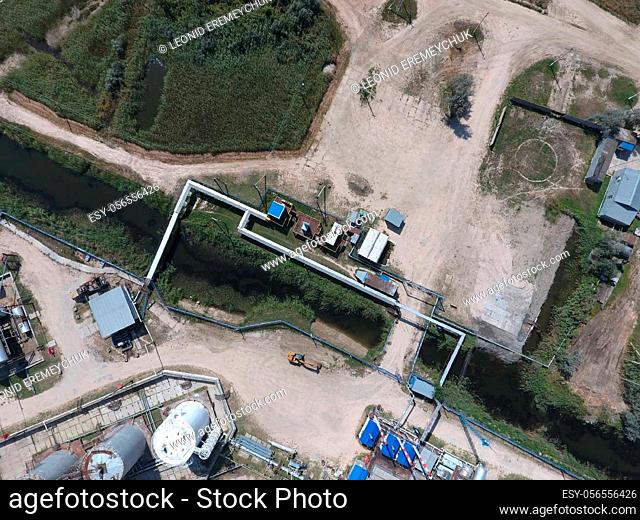 Top view of the equipment for oil separation. Equipment for the drying gas and condensate collection. Oilfield equipment
