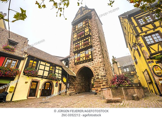landmark of the village Riquewihr with timberwork, Alsace Wine Route, France, town wall with the the Dolder tower and flower-bedecked well