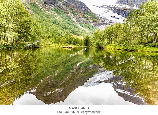 Boyabreen Glacier and lake landscape in Fjaerland area, Sogndal Municipality in Sogn og Fjordane county, Norway