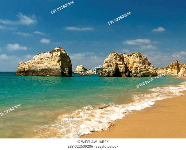 A section of the idyllic Praia de Rocha beach on the Algarve region