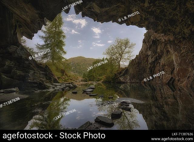 Looking out of the cave, Rydal Cave, Lake District, England, UK