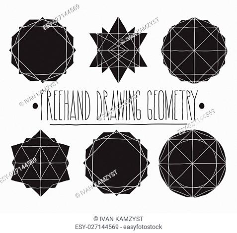 Freehand drawing geometry group. Simple isolated geometric black and white figure with handwork phrase