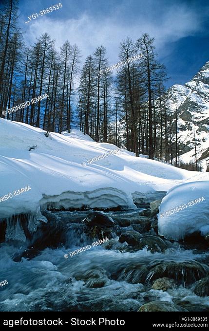Val di Rhemes, Valle de Aosta, Italia, Europa, Dora di Rhêmes torrent inmerso en el paisaje alpino