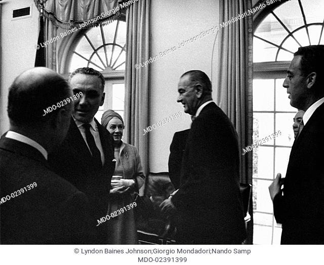 President of the United States Lyndon Baines Johnson receiving Italian publisher Giorgio Mondadori at the White House. Italian director of the magazine Epoca...