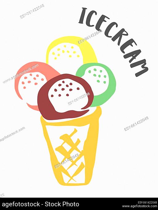 Ice Cream in a waffle cone drawing hand painted with ink brush isolated on white background. Vector illustration