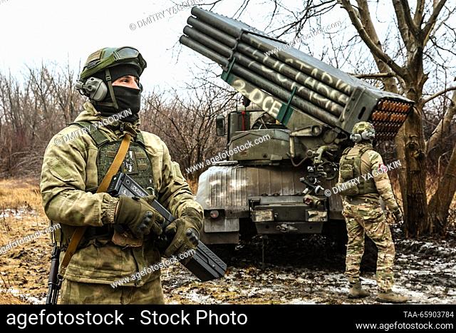 RUSSIA - DECEMBER 19, 2023: Members of a Grad multiple rocket launcher crew are seen while performing a combat mission on the Donetsk direction of Russia's...