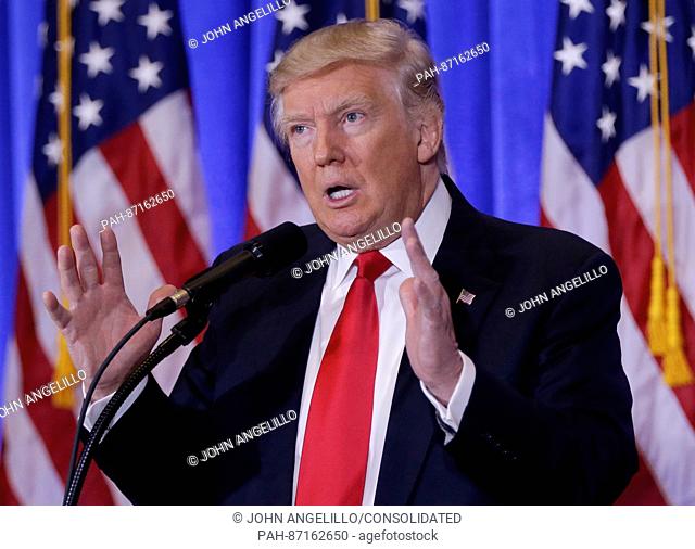United States President-elect Donald Trump uses his hands when he speaks at a press conference at Trump Tower on January 11, 2017 in New York City