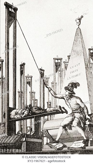 Cartoon showing Robespierre guillotining the executioner after having guillotined everyone else in France. Maximilien François Marie Isidore de Robespierre