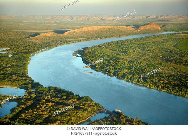 Aerial view of Ord River above Ord River Diversion Dam, Kununurra, Kimberley Region, Western Australia, Australia