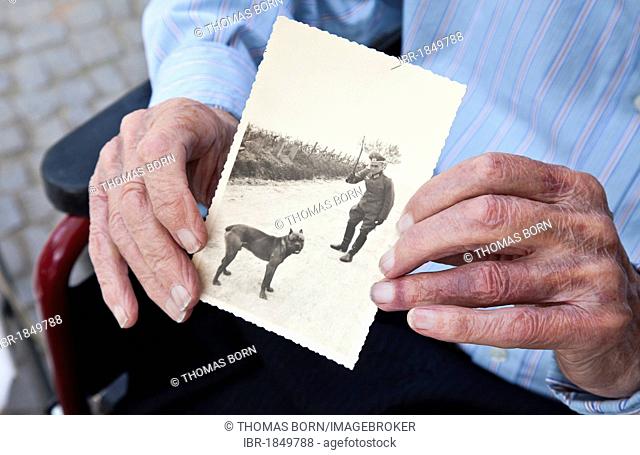 German Wehrmacht soldier with dog on an old historic photo, old man's hand holding a black and white photography, nursing home, retirement home