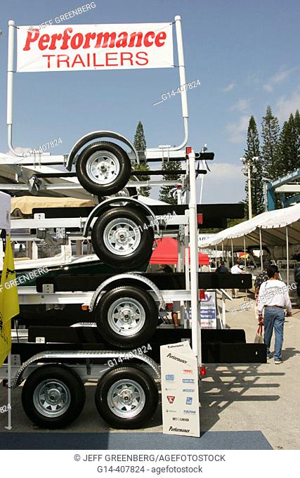 Banner, performance trailers, tires, wheels. International Boat Show, Miami, Biscayne Bay, Florida. USA
