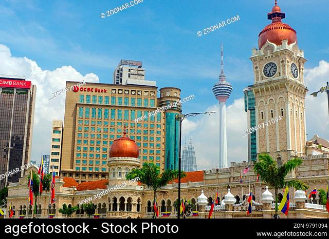 KUALA LUMPUR, MALAYSIA - January 16. 2016: a Clock tower of Sultan Abdul Samad building near Merdeka Square