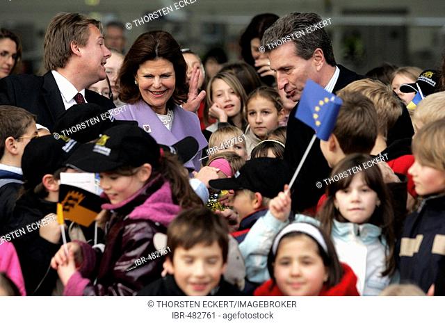 Queen Silvia of Sweden is welcomed by Wuerttembergs Prime Minister Guenther Oettinger at Stuttgart Airport, Stuttgart, Germany