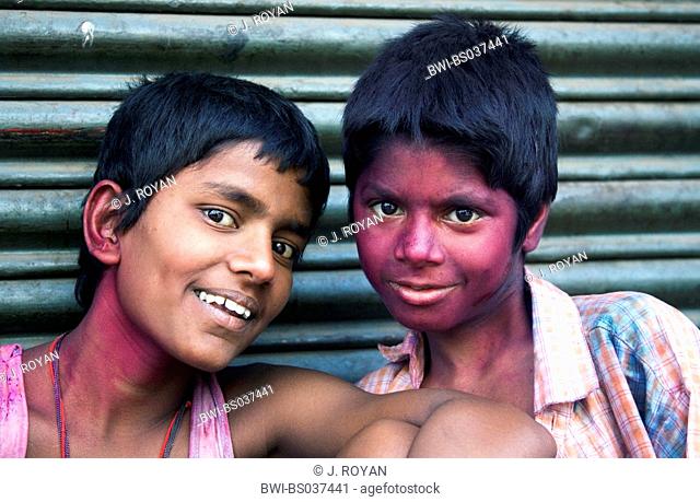 two boys after Holi, the festival of colours, India, Kolkata, Stock Photo,  Picture And Rights Managed Image. Pic. BWI-BS037441 | agefotostock