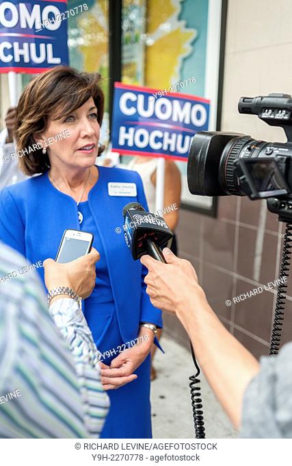 Gov. Andrew Cuomo's running mate, Kathy Hochul, speaks with the media after campaigning in the Penn South housing complex in Chelsea in New York