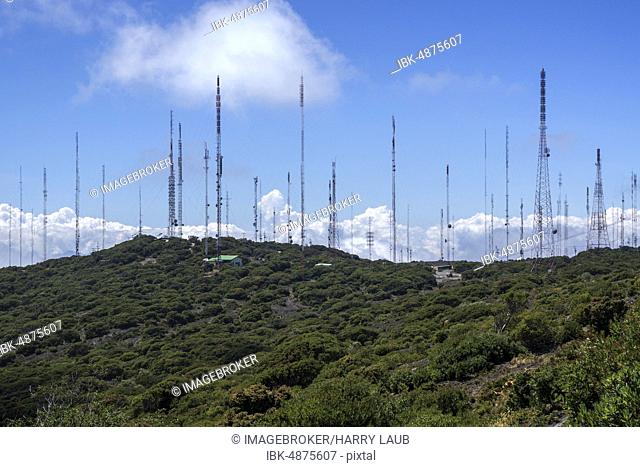 Many transmitter masts on mountain ridges, near Irazu Volcano, Cartago Province, Costa Rica, Central America