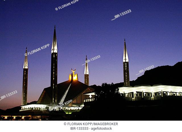 The Faisal Mosque at night, Islamabad, Pakistan