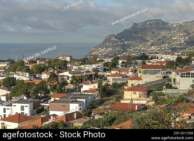 Aerial view of Funchal, capital city on Madeira Island from viewpoint Pico dos barcelos lookout