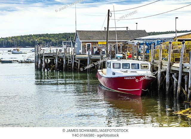 Boats and pier in Owls Head Harbor on the Atlantic Ocean Coast of Maine