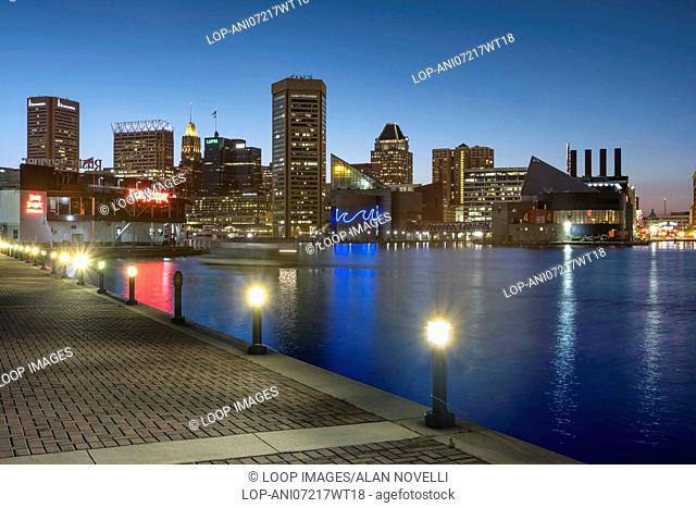 Baltimore inner harbour and city skyline at night