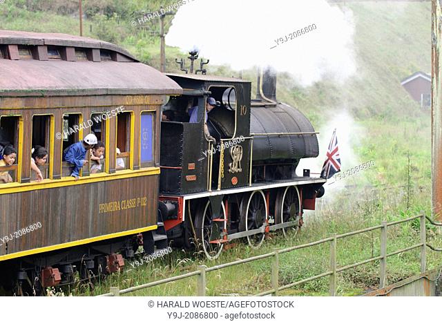 Engine driver reversing a historic steam train at Paranapiacaba station; near Sao Paulo, Brazil. In 1856 the British-owned Sao Paulo Railway Company was awarded...