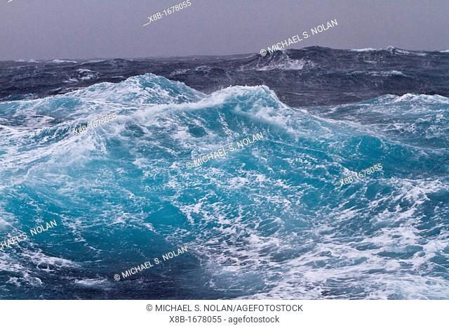 Huge seas and waves in a Beaufort scale 10 storm in the Drake Passage between the Antarctic Peninsula and South America, Southern Ocean