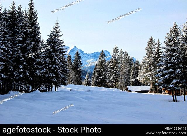 Winter hike near Gerold, near Klais, Europe, Germany, Bavaria, Upper Bavaria, Werdenfels, winter, dream harbor winter landscape at the edge of the forest