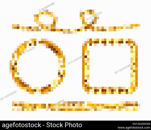 Gold silk cords, round and square frames of satin rope, golden threads, decorative sewing items isolated on transparent background
