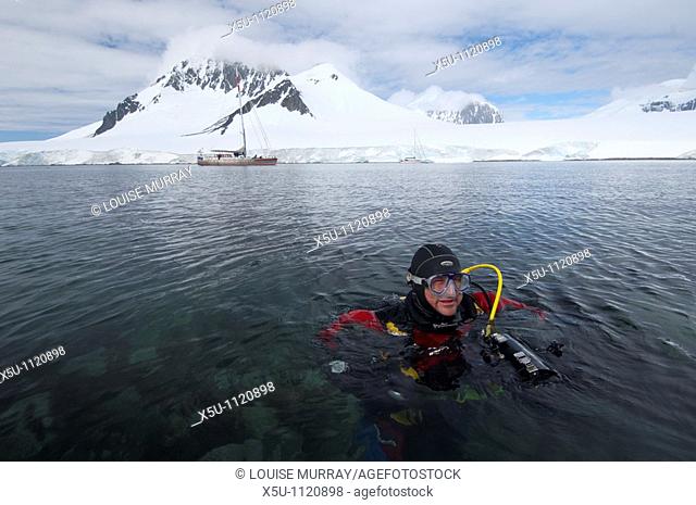 Antarctic peninsula diver and iceberg underwater