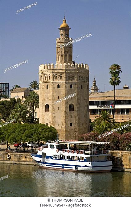 Spain, Europe, Seville, Andalusia, Torre del Oro, River Guadalquivir, tourist, Boat, city, Andalucia, travel, holiday