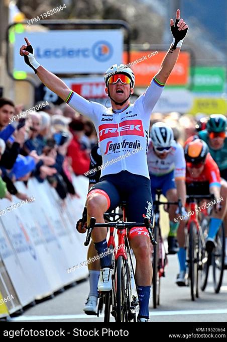 Danish Mads Pedersen of Trek-Segafredo celebrates after winning the third stage of 80th edition of the Paris-Nice eight day cycling stage race
