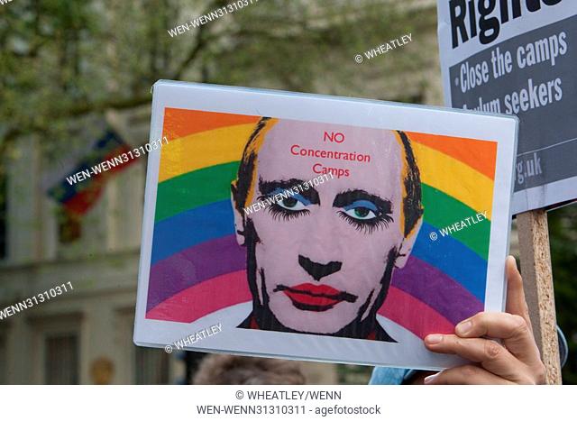 Protest against LGBTI oppression in Chechnya outside the Russian embassy, Bayswater Road, London Featuring: Atmosphere, View Where: London