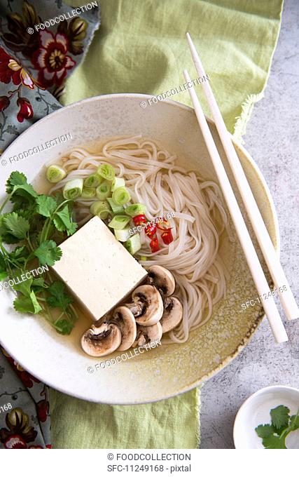 Noodle soup with tofu, mushrooms and coriander (Asia)