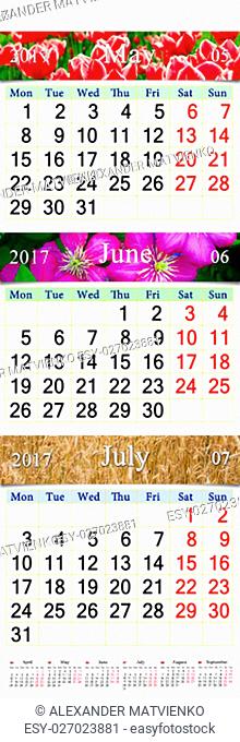 wall calendar for three months May June and July 2017 with pictures of nature