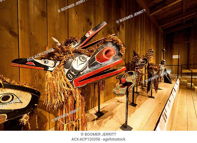 Masks used in the Hamatsa dance include these man eating birds, servants of Baxwbakwalanuksiwe. On display at the U'Mista Cultural Centre in Alert Bay