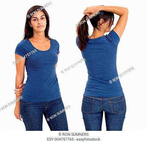 Female wearing blank blue shirt