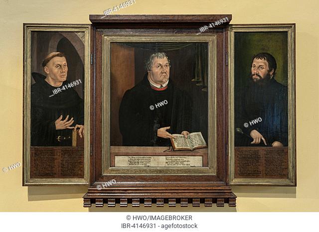 Luther Shrine, 1572, triptych, Luther as Augustinian monk, Junker Jörg and Magister, by Veit Thim, Church of St. Peter and Paul, Weimar, Thuringia, Germany
