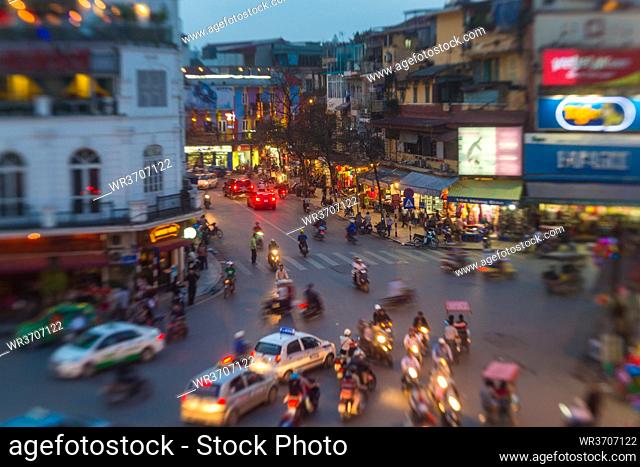 View of chaotic traffic at the Dong Kinh Nghia Thuc Square in the Old Quarter of Hanoi, Vietnam