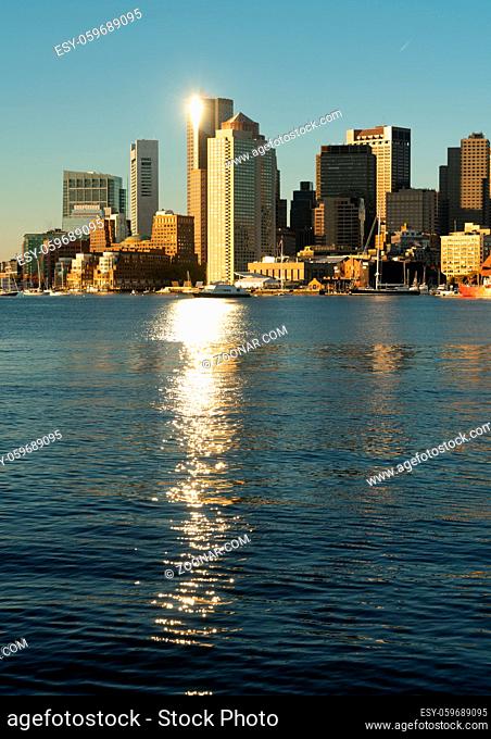 View Across Boston Harbor to the Boat Traffic fronting the Downtown City Skyline