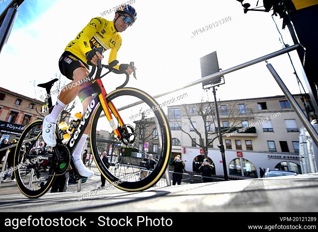 Belgian Wout Van Aert of Team Jumbo-Visma wearing the yellow jersey at the start of the fifth stage of 80th edition of the Paris-Nice cycling race