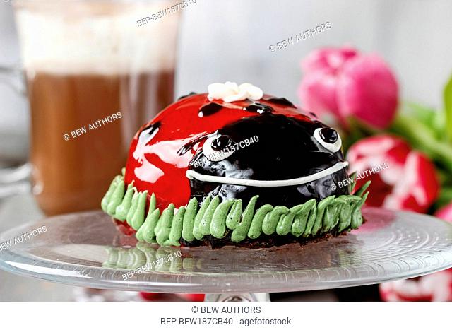 Ladybug cake and cup of hot chocolate in the background
