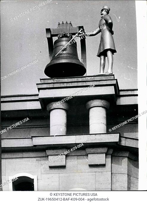 Apr. 12, 1965 - The hand less clock in Brussels: The roof of the Palsis des Congres in Brussels has a new look a huge bell and its ringer stands at the edge...